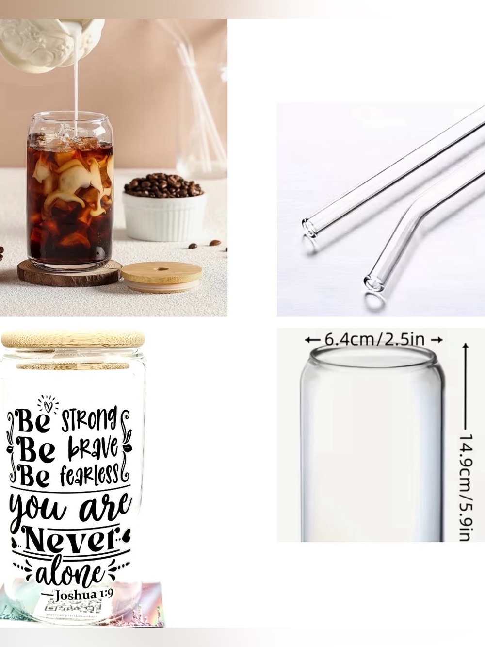 NWT BE STRONG BE BRAVE BE FEARLESS…GLASS DRINK CONTAINER OTHER LISTINGS AVAIL